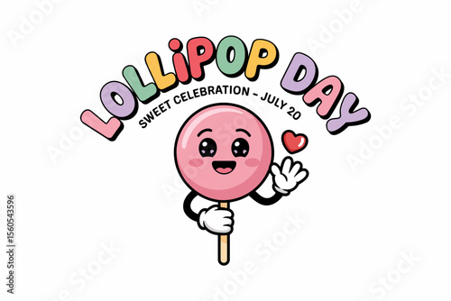 Cute cartoon pink lollipop mascot for lollipop day celebration july 20 with sweet smile and heart icon  