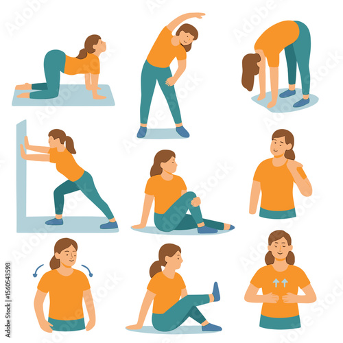 Morning Stretch Icons. Isometric Flat icon set of morning stretching routine: cat-cow flow, standing side stretch, forward fold,