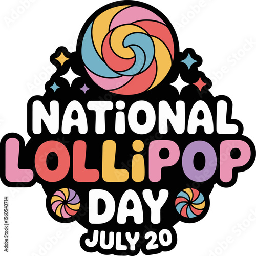 National lollipop day candy badge with colorful swirl and stars for july 20 fun dessert celebration design  