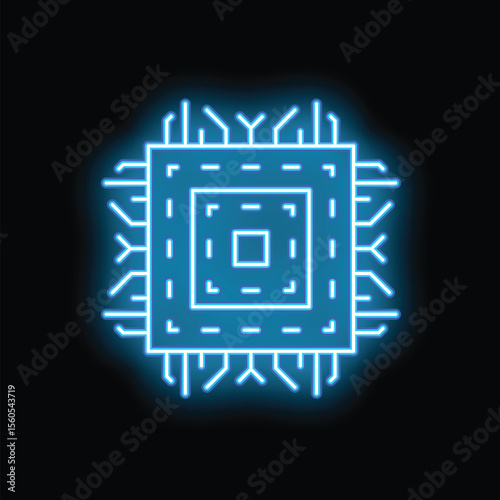 Blue neon computer processor is glowing on a black background