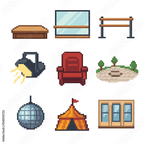 Dance Venue Icons. Pixel art icon set of dance venues and spaces: stage platform, dance studio mirror, barre, spotlight fixture,