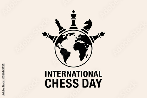 Black chess pieces with globe accent for international chess day design celebrated on july 20 worldwide  