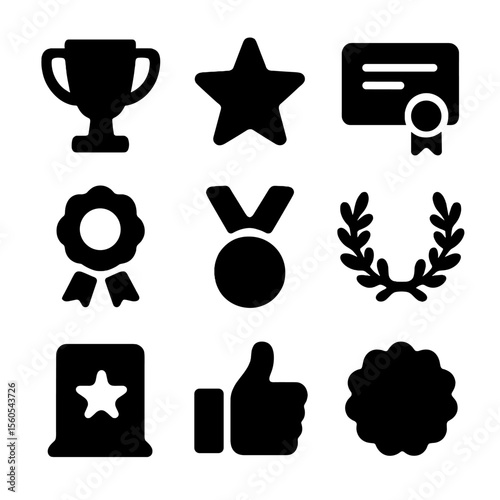 Motivational Icon Set. Solid, filled icon set of motivational symbols: trophy, star, certificate, ribbon, medal, laurel wreath,