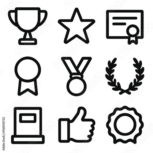 Motivational Icon Set. Solid, filled icon set of motivational symbols: trophy, star, certificate, ribbon, medal, laurel wreath,