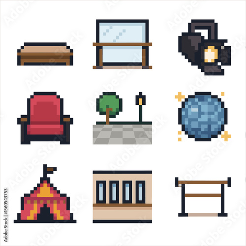 Dance Venue Icons. Pixel art icon set of dance venues and spaces: stage platform, dance studio mirror, barre, spotlight fixture,