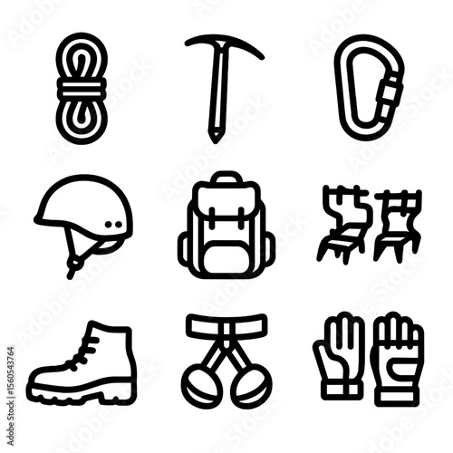 Mountain Gear Icons. Solid, filled icon set of Mountain climbing gear: climbing rope, ice axe, carabiner, climbing helmet,