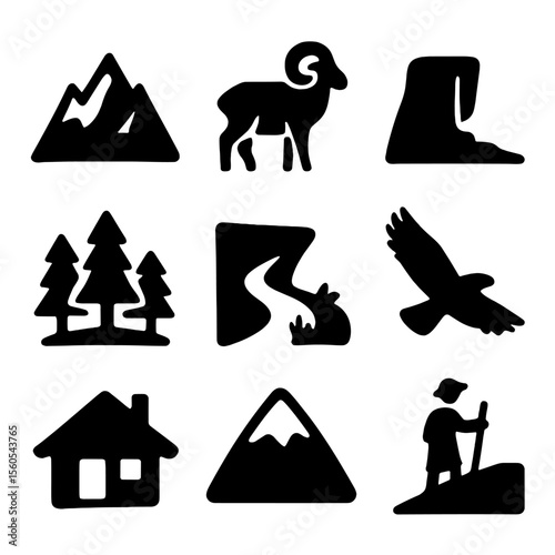 Mountain Habitat Icons. Solid, filled icon set of mountain sheep habitats: rocky peak, wild sheep, cliff edge, pine forest,