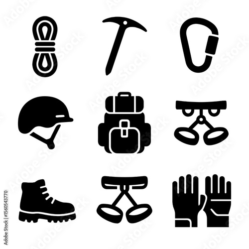 Mountain Gear Icons. Solid, filled icon set of Mountain climbing gear: climbing rope, ice axe, carabiner, climbing helmet,