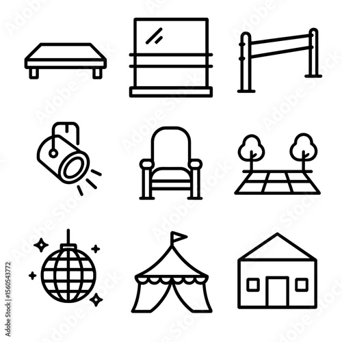 Dance Venue Icons. Outline icon set of dance venues and spaces: stage platform, dance studio mirror, barre, spotlight fixture,