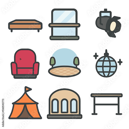 Dance Venue Icons. Flat icon set of dance venues and spaces: stage platform, dance studio mirror, barre, spotlight fixture,