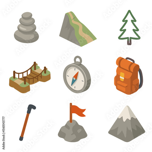 Mountain Trail Icons. Isometric Flat icon set of mountain hidden trail: cairn stack, narrow ridge path, pine tree outline, rope