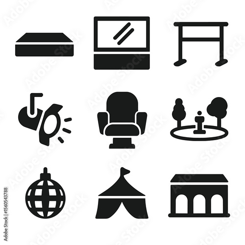 Dance Venue Icons. Solid, Filled icon set of dance venues and spaces: stage platform, dance studio mirror, barre, spotlight