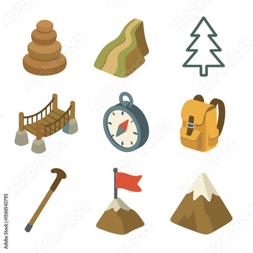 Mountain Trail Icons. Isometric Flat icon set of mountain hidden trail: cairn stack, narrow ridge path, pine tree outline, rope