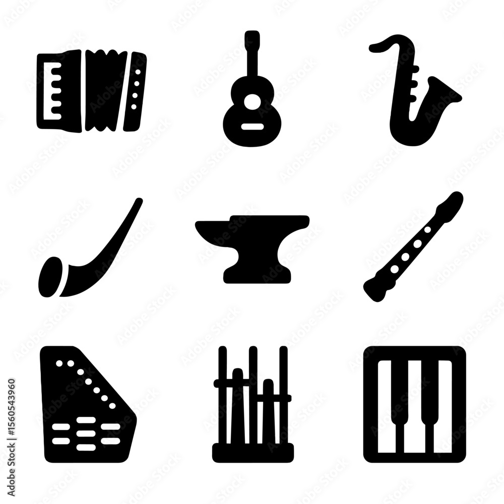 Musical Instrument Icons. Solid, filled icon set of A musical instruments: accordion, acoustic guitar, alto saxophone, alphorn,