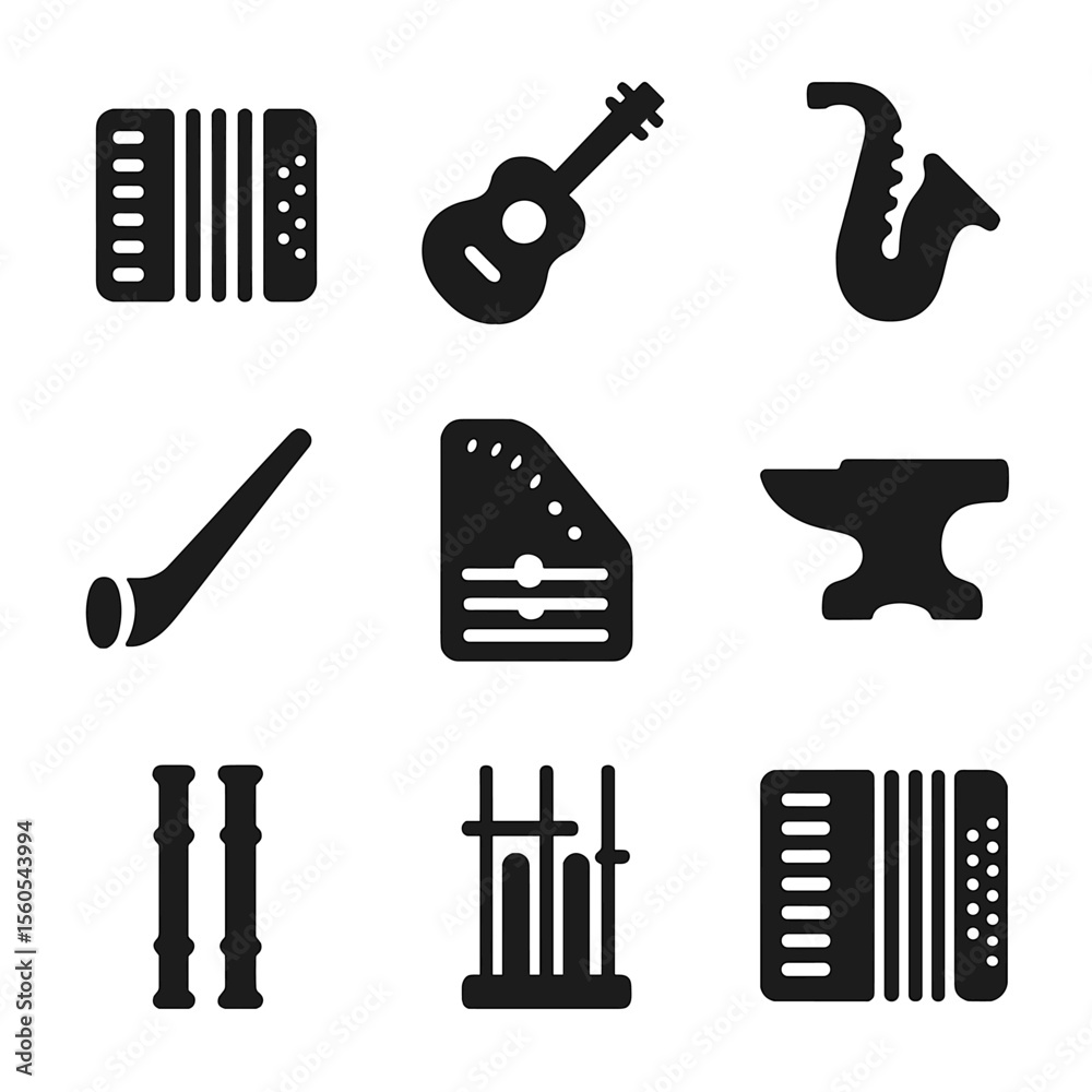 Musical Instrument Icons. Solid, filled icon set of A musical instruments: accordion, acoustic guitar, alto saxophone, alphorn,