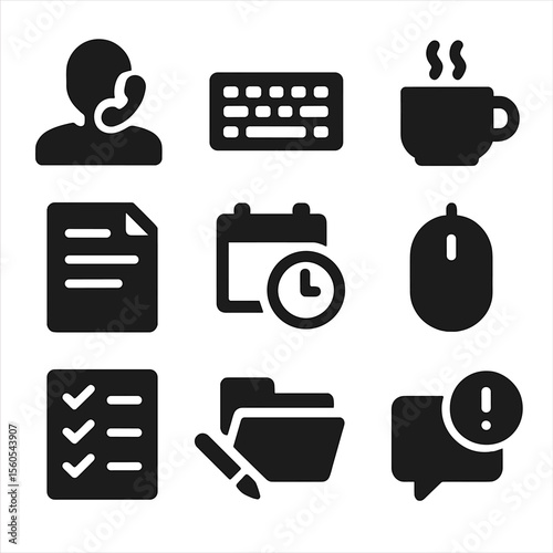 Multitasking Icon Set. Solid, filled icon set of multitasking during calls: typing keyboard, coffee cup, notes pad, calendar clock