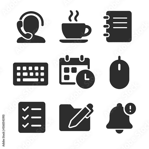 Multitasking Icon Set. Solid, filled icon set of multitasking during calls: typing keyboard, coffee cup, notes pad, calendar clock
