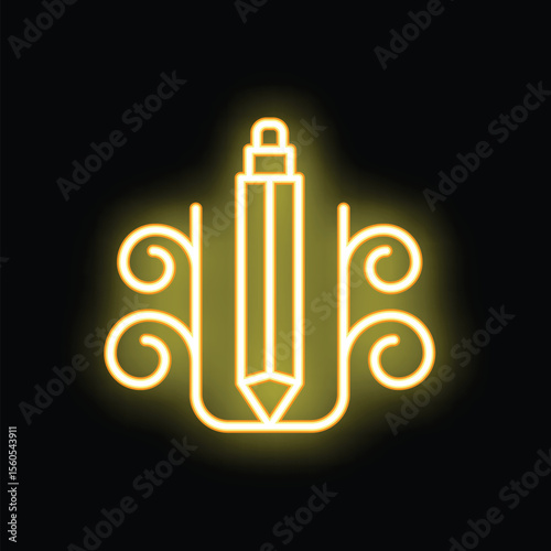 Yellow neon sign of a pencil surrounded by swirls, representing creativity and inspiration