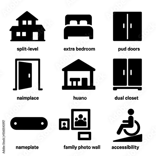 Multigenerational Home Icons. Solid, filled icon set of home living spaces: shared kitchen, family dining table, bedroom door,