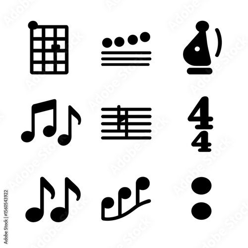 Music Theory Icons. Solid, filled icon set of music theory: chord diagram, scale, tempo, rhythm pattern, key signature, time