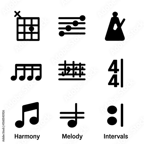Music Theory Icons. Solid, filled icon set of music theory: chord diagram, scale, tempo, rhythm pattern, key signature, time