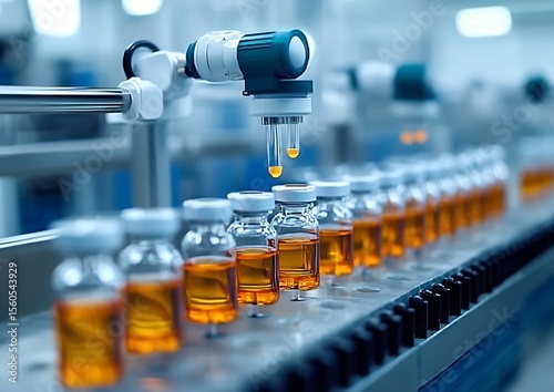 Automated pharmaceutical production line filling glass vials. Sterile manufacturing process in modern laboratory setting. Precision technology in medicine and vaccine development.