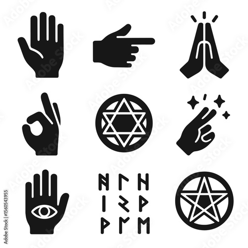 Mystical Hand Gestures Icons. Solid, filled icon set of mystical hand gestures: palm open, finger pointing, prayer hands, spell