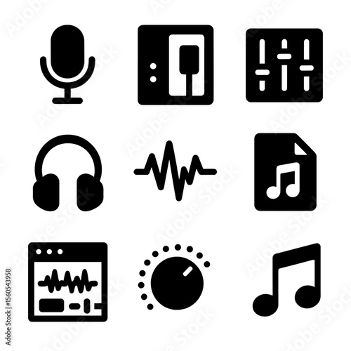 Music Recording Icons. Solid, filled icon set of music recording: studio microphone, recording booth, soundboard, headphones,