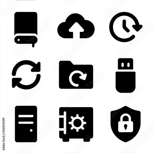 Data Backup Icons. Solid, filled icon set of data backup solutions: external hard drive, cloud storage, automatic backup, backup