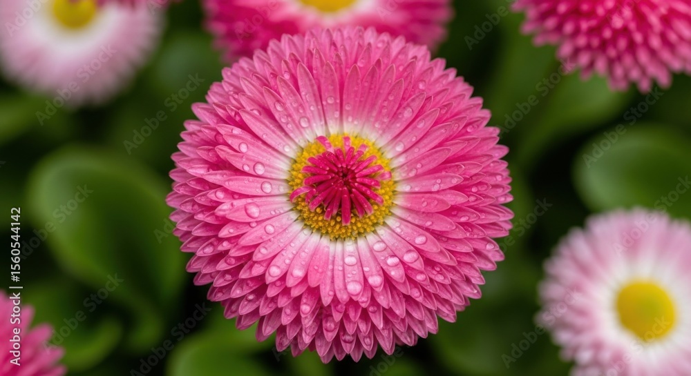 Fototapeta premium Closeup of a vibrant pink daisy flower covered in dew drops with a blurred green background