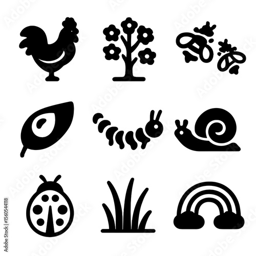 Nature Awakening Icons. Solid, filled icon set of nature waking up: rooster, blooming tree, bees, dew on leaf, caterpillar, snail,