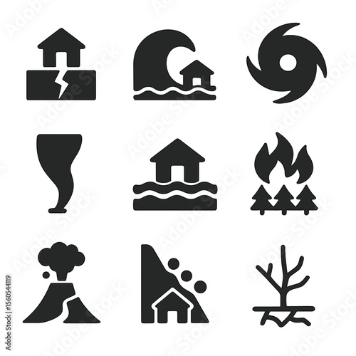 Natural Disaster Icons. Solid, filled icon set of natural disasters: earthquake, tsunami, hurricane, tornado, flood, wildfire,