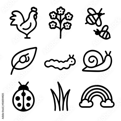 Nature Awakening Icons. Solid, filled icon set of nature waking up: rooster, blooming tree, bees, dew on leaf, caterpillar, snail,