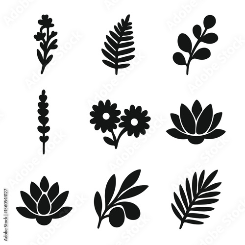 Nature Icon Grid. Solid, filled icon set of nature vibe package design: wildflower, fern leaf, eucalyptus branch, lavender sprig,