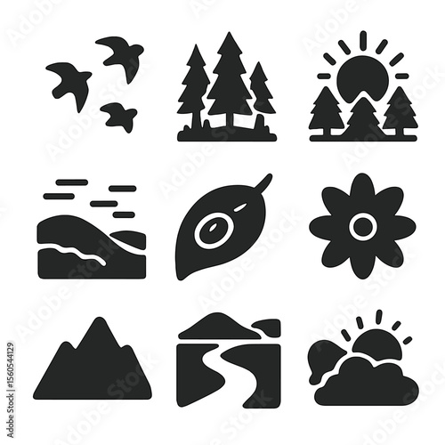 Nature Awakening Icons. Solid, filled icon set of nature awakening: birds flying, forest clearing, sun over trees, morning mist,