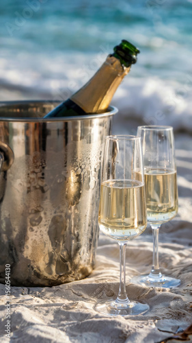 Champagne bucket with a chilled bottle of sparkling wine and two crystal champagne flutes on sea background