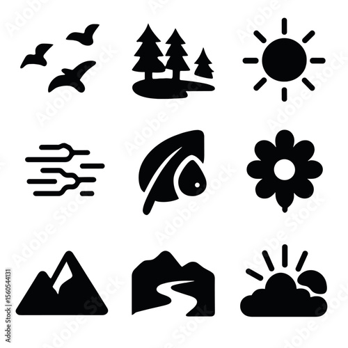 Nature Awakening Icons. Solid, filled icon set of nature awakening: birds flying, forest clearing, sun over trees, morning mist,