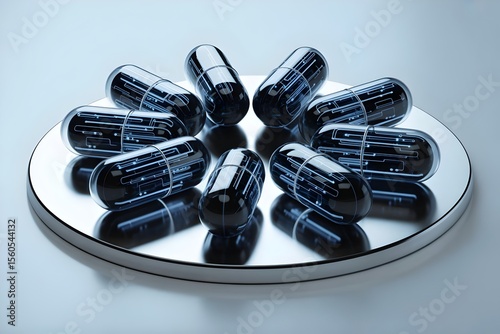 Futuristic digital pills with electronic circuits on metallic surface - smart medicine and biotechnology concept for healthcare innovation