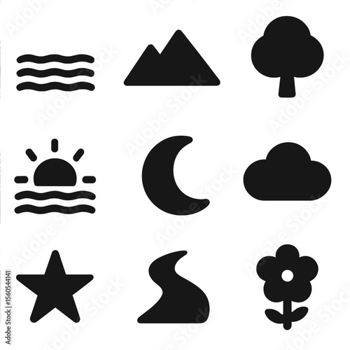 Nature Icons Grid. Solid, filled icon set of introspection nature: calm lake, mountain, tree, sunrise, moon, cloud, star, path,
