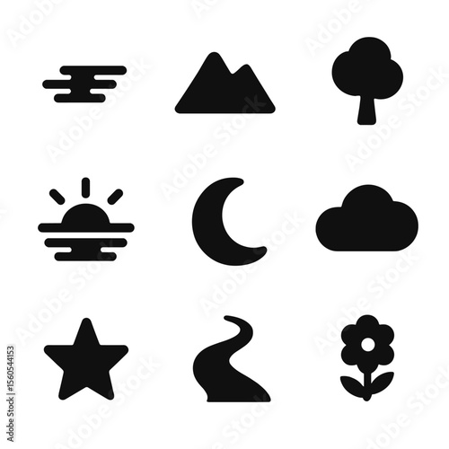 Nature Icons Grid. Solid, filled icon set of introspection nature: calm lake, mountain, tree, sunrise, moon, cloud, star, path,