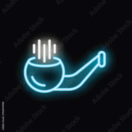 Blue neon sign of a smoking pipe with steam coming out on a black background
