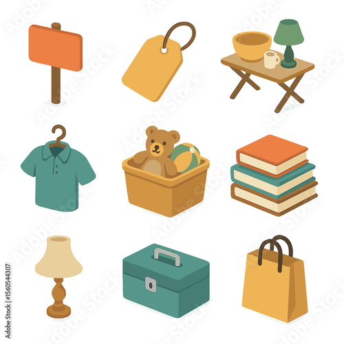 Neighborhood Garage Sale Icons. Isometric Flat icon set of neighborhood garage sale: sale sign, price tag, table display,