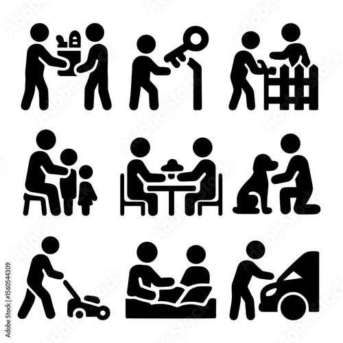 Neighborly Help Icons. Solid, filled icon set of neighborly help: carrying groceries, lending keys, fixing fence, babysitting,