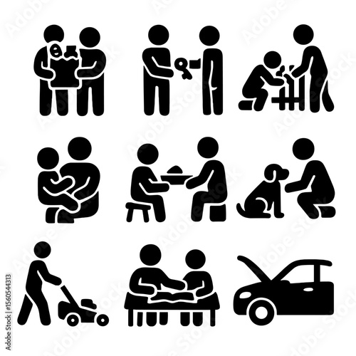Neighborly Help Icons. Solid, filled icon set of neighborly help: carrying groceries, lending keys, fixing fence, babysitting,