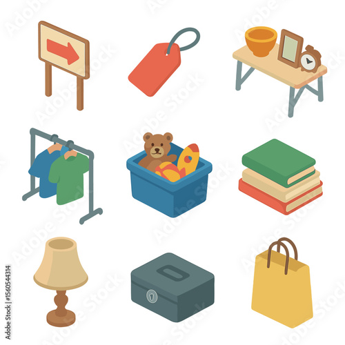 Neighborhood Garage Sale Icons. Isometric Flat icon set of neighborhood garage sale: sale sign, price tag, table display,