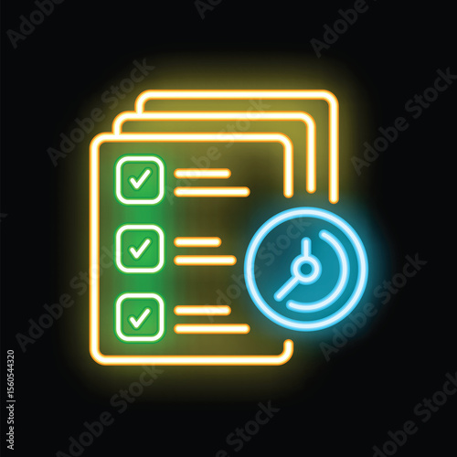 Neon sign of a time management concept with a clock and a to do list with check marks