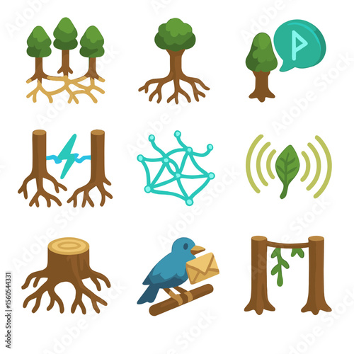 Networked Tree Icons. Isometric Flat icon set of tree communication network: networked tree trunks, root connection, glowing