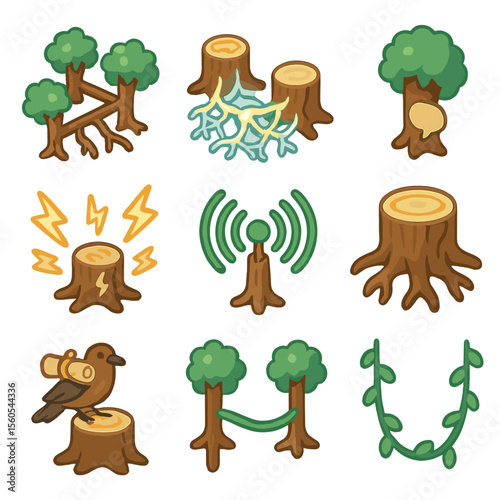Networked Tree Icons. Isometric Flat icon set of tree communication network: networked tree trunks, root connection, glowing