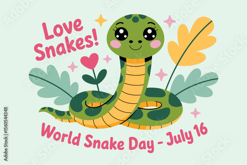 Love snakes themed illustration with friendly snake and hearts for july 16 world snake day celebration print