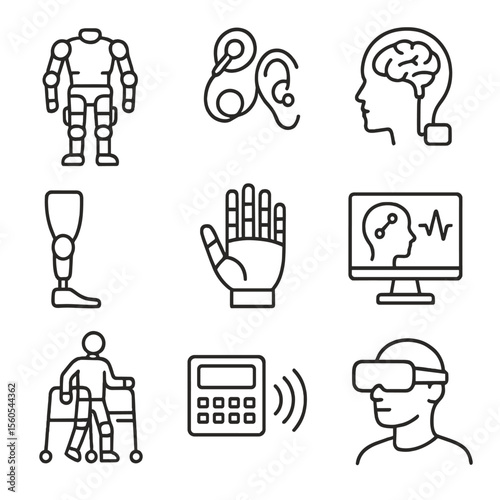 Neuroprosthetics Icon Set. Outline icon set of neuroprosthetics and rehabilitation: robotic exoskeleton, cochlear implant, deep